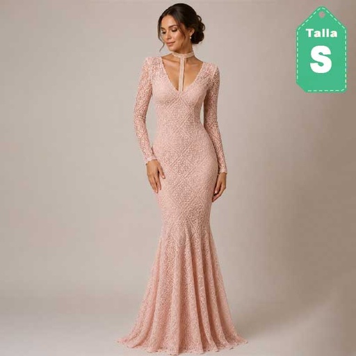 [1512] Vestido de Encaje Rosa- S