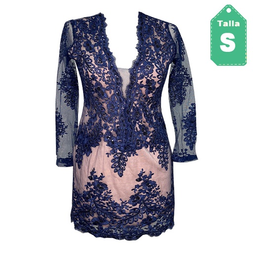 [3344] Vestido Encaje Nude y Azul Marino- S