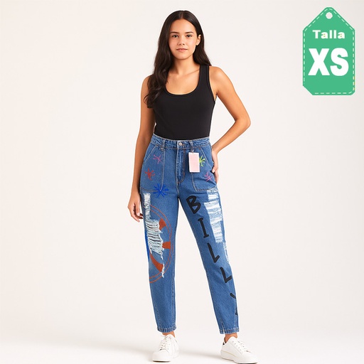 [6411] Mom Jeans Shambray Estampado- XS